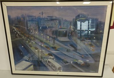 tableau représentant une scène urbaine avec un bus et un autre bus sur la route