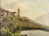 an image of a painting of a church on a hill by the water