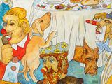 a painting of a clown and a dog at a dinner table