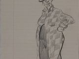 un dessin représentant un homme portant un chapeau et un manteau, muni d'une canne