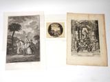 three antique engravings of people and animals in a landscape