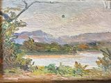 an oil painting of a landscape with a lake and mountains in the distance