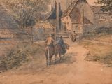 a painting of a man riding a horse down a dirt road