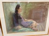 painting of a woman sitting on a bed in a room