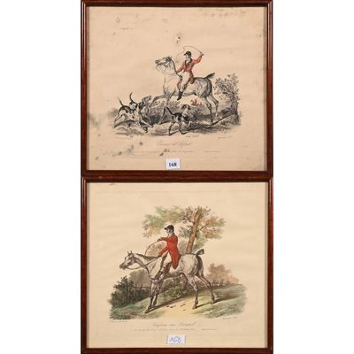 deux gravures encadrées représentant une scène de chasse avec un chien et un homme à cheval