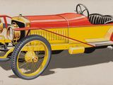 peinture représentant une voiture rouge et jaune sur fond beige