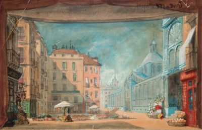 a painting of a street scene with people on the sidewalk