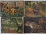 de nombreux tableaux représentant des personnes et des animaux accrochés au mur