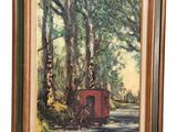 framed oil painting of a horse drawn carriage on a country road