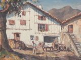 a painting of a man and a horse in front of a building