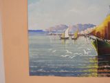 a painting of a boat in the water with seagulls flying around it