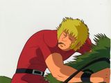 cellule d'animation représentant un homme vêtu d'une chemise rouge et d'une ceinture noire
