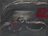 painting of a man with glasses and a red rose on a blackboard