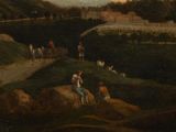 a painting of a man riding a horse on a path