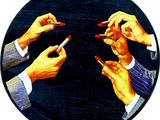 une photo d'un tableau représentant un groupe de mains tenant des cigarettes