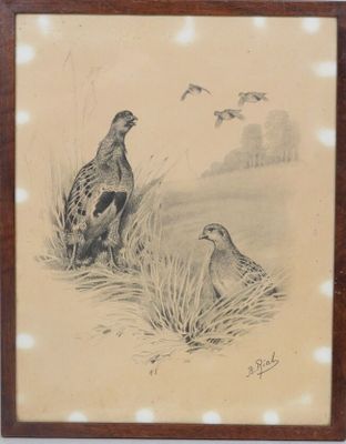 tableau représentant deux oiseaux perchés au-dessus d'un champ recouvert d'herbe