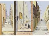 three paintings of people walking down a narrow street in a city