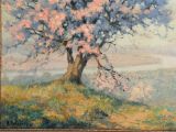 an oil painting of a tree on a hill with a sky background