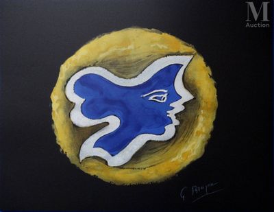 peinture représentant un oiseau bleu sur un cercle jaune, sur fond noir