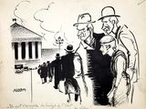 drawing of a group of men standing in front of a building