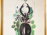 tableau représentant un chat assis sur un vase contenant des fleurs