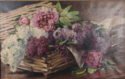 une peinture de fleurs dans un panier sur une table
