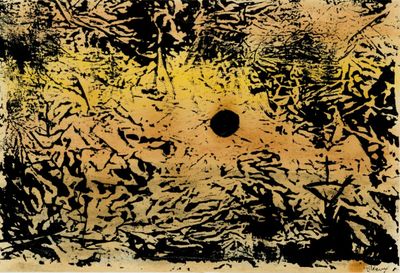 an image of a black and yellow painting with a hole in the middle