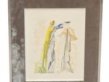 aquarelle encadrée représentant deux femmes et un oiseau perché sur une branche