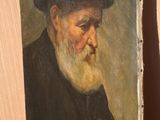 painting of an old man with a hat and a cane