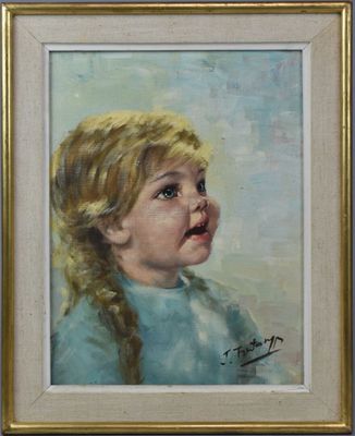 painting of a young girl with braids in a blue dress