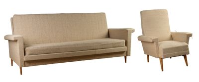 two chairs and a couch sitting next to each other on a white surface