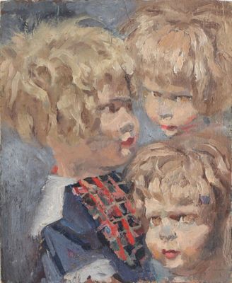 tableau représentant trois enfants regardant quelque chose au loin