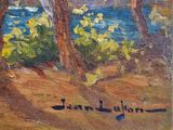 an oil painting of trees and a body of water in a wooded area