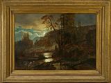 une image d'une peinture représentant une rivière dans une zone boisée