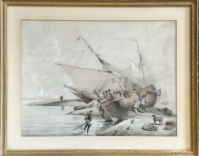 an image of a painting of people on a boat in the water