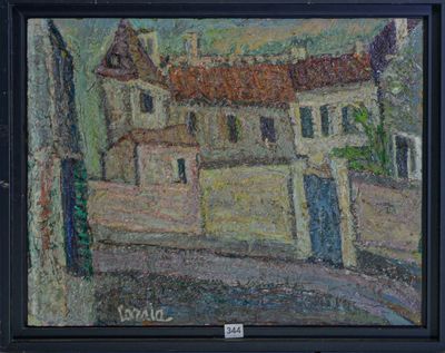une peinture à l'huile représentant un bâtiment au toit rouge, dans un cadre noir