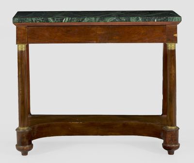 an antique wooden table with a marble top on a white background
