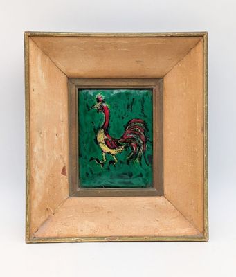 tableau représentant un coq sur fond vert, dans un cadre en bois