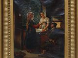 an oil painting of a woman holding a baby in a room
