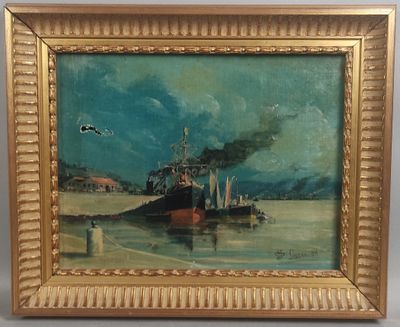 une peinture à l'huile représentant un bateau sur un plan d'eau, avec le ciel en arrière-plan