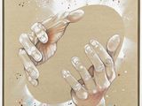 painting of two hands reaching for each other in front of a circle
