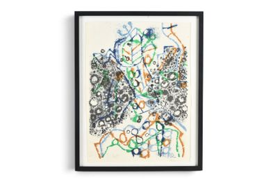 peinture abstraite dans un cadre noir sur un mur blanc, avec des touches de bleu et de vert