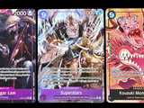 three cards with different characters on them on a black background