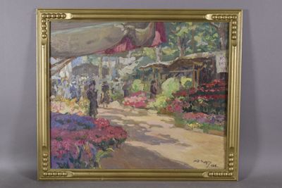 an oil painting of a woman walking down a path in a flower market