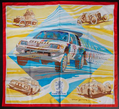une image d'une affiche vintage représentant une voiture de course