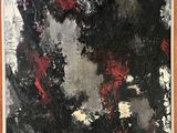 an abstract painting of black, red and white on a wooden frame