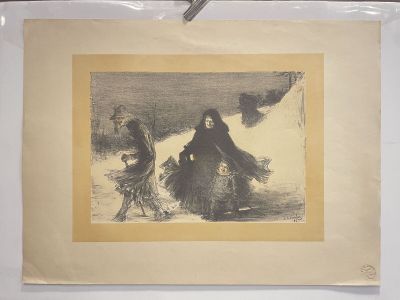 an old picture of a woman and two children walking in the snow