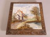 an old painting of a house on a wall with a river in the foreground