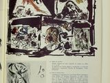 an open book with drawings on it on a table