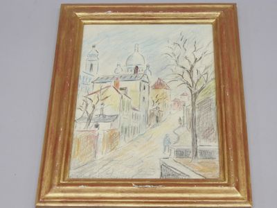 une image d'une peinture représentant une scène de rue avec une église en arrière-plan